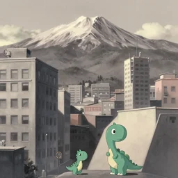 Lofi downtown vibes with charcoal and pastel, downtown buildings in the foreground in studio ghibli style, little dinosaur creatures in the foreground by Vincent Di Fate, the background is battle mountain