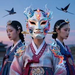 3 d goddess waist shot portrait. beautiful intricate highly detailed korean dokkaebi mask and traditional korean hanbok. elegant stingray, magpie, iridescent, plasma, lava, ice, water, wind, creature, volumetric lighting, twilight, artwork by tooth wu and wlop and beeple and greg rutkowski, 8 k trending on artstation,