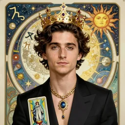 timothee chalamet portrait by louis - theophile hingre and alphonse mucha, realistic, sharp focus, zodiac signs, tarot cards, planets, ethereal, art nouveau, magic, moon, sun, crown, dreamy, royal, jewellery