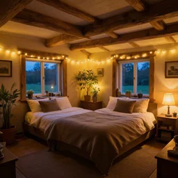 wide angle photograph of cozy hygge bedroom in scottish countryside house at night, wood, plants, dim warm string lights