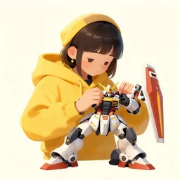 girl in yellow hoodie repairing a combat mecha, playful, lo-fi, digital art