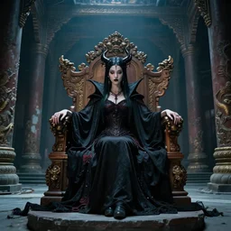 vampire queen sitting on a wooden throne in the abandoned buddhist temple, omnious, eerie, magnificent, wow, intricate, analog photo, by nicola samori, by ryoji ikeda