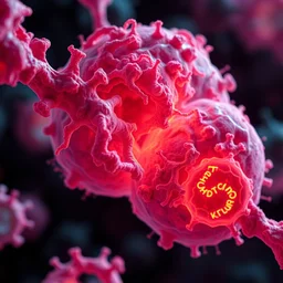 electron microscope enlargement of a cascading protein - to - protein kinase interactions, causing cancer cells division, volumetric complementary colors, refracted kodachromatic internal lighting, photorealistic, 8 k