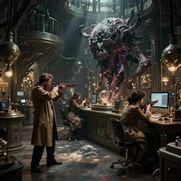 dark lovecraftian labaratory 1920s interior, grim lighting, male and female investigators in trenchcoats aiming at unspeakable monstrosity, artstation, deviantart, trending