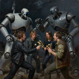concept art, of a [ rage against the machine ] band memebers fight with robots!!!, detailed, close shot, dark concept art, dark skies painting by wlop, nixeu and greg rutkowski, beautiful, semirealism, artstation, octane render, oil painting, sharpness, 8 k, golden ratio