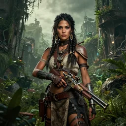 portrait of a young very beautiful cute tribal woman with a steampunk gun, in a post apocalyptic city overgrown with lush vegetation, by Luis Royo, by Greg Rutkowski, dark, gritty, intricate, volumetric lighting, volumetric atmosphere, concept art, cover illustration, octane render, trending on artstation, 8k