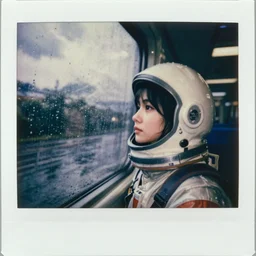weathered old analog polaroid portrait photograph of a beautiful young woman wearing a space helmet looking out of a rainy window, raining, clouds outside, depth of field, bokeh, filmgrain, azure color bleed