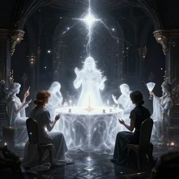 a seance in a dark room with white glow, futuristic, fantasy art, magic : the gathering