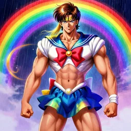 crossdressing magical man in anime style, colorful dress, illustration, body hair, muscular, male, body builder, digital painting, artstation, simon stalenhag, epic, stunning, rainbows, sailor moon, hdr, highly detailed