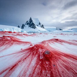 a scenary of antartica with red snow, 8 k, detail, super detailed, awesome, award winning photography, 4 k hdr