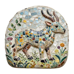 mosaic sculpture of a alebrije chimera!!!, irregularly shaped mosaic tiles, in the style of folk art, in a cottagecore flower garden