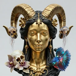 goddess princess face close-up portrait ram skull. sculpture made of polished gold and matte black stone. jellyfish phoenix head, nautilus, orchid, skull, betta fish, bioluminiscent creatures, intricate artwork by Tooth Wu and wlop and beeple. octane render, trending on artstation, greg rutkowski very coherent symmetrical artwork. cinematic, hyper realism, high detail, octane render, 8k