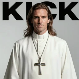 action movie hero wearing dressed in priest's robes with a cross necklace. movie poster. 4k. Long flowing hair.