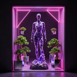 beautiful mannequin sculpted out of amethyst by billelis + lit with purple 3 d geometric neon + chrome geometric cubed bonsai plants!!!!, doorway opening with neon pink geometric light, clean linework, dramatic, insanely detailed, rule of thirds, moody, confident, award winning, 4 k, trending on artstation, photorealistic, volumetric lighting, octane render