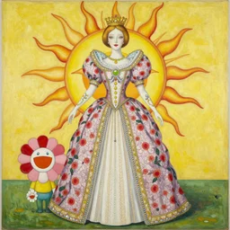the queen of the sun by takashi murakami and zdzisław beksiński, full body, oil on canvas, intricately detailed artwork, full 8k high quality resolution, recently just found unknown masterpiece