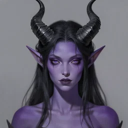 a portrait of a tiefling with purple skin and black hair, symmetrical black horns stunning digital painting trending on artstation