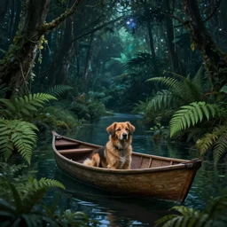 dog in a boat, ferns, jungle, night, stars, highly detailed, unreal engine render concept art, style of howard arkley