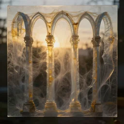 7 0 mm photograph of refractive caustics casting through vellum and mesoglea - transparent colloid layers ambiently occluding and striating, coalescing from the mist, forming a detailed sculptural recreation of the arches from roger dean's paintings, dramatic lighting, golden hour, cinematic, 8 k