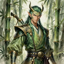 a fantasy comic book style, portrait painting of a handsome bamboos demon, anime, artstation, unreal engine 5, daz, hyper realistic, octane render, rpg