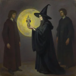 a round witch stares at a strange artefact in her hands. she wear a long dark robe. painted by enki bilal, tony sandoval and oliver ledroit. oil painting.