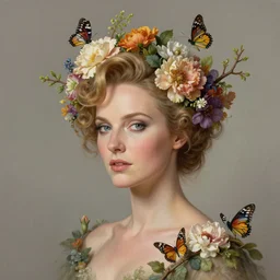 ultra realistic illustration, barbara crampton, with flowers, butterflies, birds, branches sprouting from her head, elegant, highly detailed, digital painting, concept art, soft, sharp focus, illustration, artgerm and greg rutkowski and alphonse much -