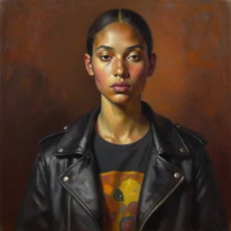 detailed portrait in strong femininity, ethnic, realistic face sculpted features, statuesque model, modern fashion, aggressive jacket with graphic tee, warm glow, supple, bathed in light, chiaroscuro, specular highlights, angular impressionism, radiosity, deep rich tones, contemporary art, oil on canvas