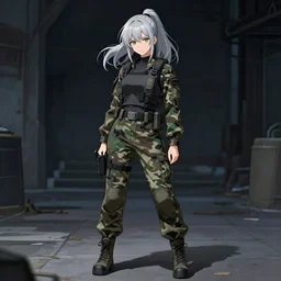 girl, silver hair (ponytail), multicam (camo), posing, (trending on artstation), beautiful face, cinematic full body shot, ilustration by Takehiko Inoue ((((and Yoann Lossel))))