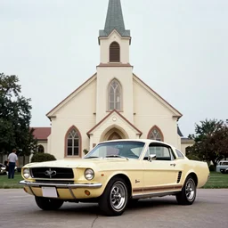 Ford Mustang in front of a church in the 80\'s.