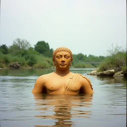 1 9 6 0 s vintage scanned color photo of a ancient terracotta sculpture in the middle of a river, image by werner herzog, tarkovsky