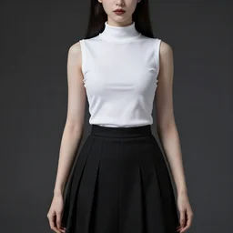 Gothic Woman in White Sleeveless turtleneck t-shirt and pleated skirt black. Highly detailed, 50mm, cinematic. By Leng Jun