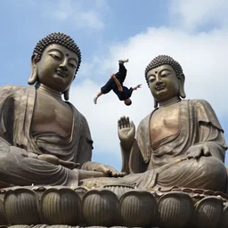 a man doing a flip off of a giant Buddha statue, blue sky, cloudy background, photograph, realistic