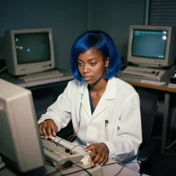 dark skin woman wearing a white lab coat with a blue haircut, connected to wires and surrounded by 1 9 8 0 s computers, poloroid, dynamic lighting, dark ambience, detailed face, retro tech, 3 5 mm