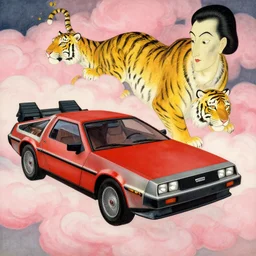 a red delorean and a yellow tiger, pink clouds, painting by hsiao - ron cheng, utagawa kunisada & salvador dali, magazine collage style,