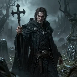 A fantasy comic book style portrait painting of Willem Dafoe as a evil necromancer in creepy misty graveyard setting, unreal 5, DAZ, hyperrealistic, octane render, RPG portrait, dynamic lighting