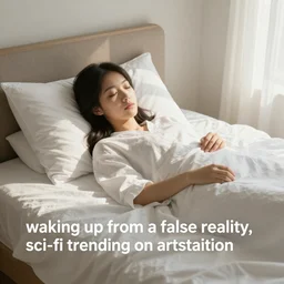 “waking up from a false reality, sci-fi trending on artstation”