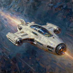 futuristic spaceship jumping to warp lightspeed  concept art oil painting by , extremely detailed, brush hard, by john berkey