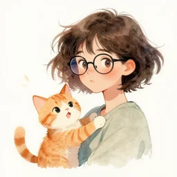 alternative looking woman with messy short brown hair and glasses with her young orange cat full of energy, watercolor painting
