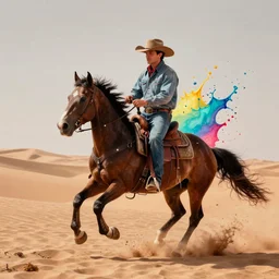 cowboy riding a horse in the desert by josan gonzalez splash art graphic design color splash high contrasting art, fantasy, highly detailed, art by greg rutkowski