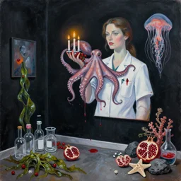 sensual, a dark apartment with black walls, portrait of a female pathologist holding an octopus, candles, berries dripping juice, pomegranate, jellyfish, seaweed, berries, trash, starfish, coral, rocks, seaweed, empty pet bottles, scientific glassware, neo - expressionism, surrealism, acrylic and spray paint and oilstick on canvas