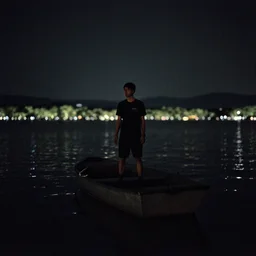 lomo photo of a man standing in a boat in the middle of a lake, cinestill, bokeh, out of focus, night, dramatic lighting, grainy