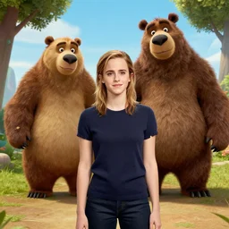 wide angle portrait of emma watson background is disney's brother bear