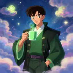 portrait of a ( ( ( grande y verde una taza de cafe ) ) ), ( ( dotado futuristic guapo y joven mago macho alegre ) ), lleno de nubes y magia, concept character, by greg rutowski and tezuka and oi and mucha and bierstadt and remington, trending on artstation