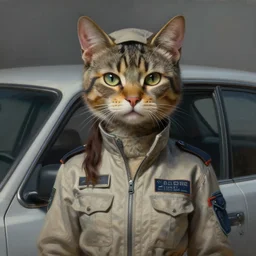 epic professional digital art of female human - cat hybrid animal wearing airforce jumpsuit, airforce jumpsuit, humanoid car head, cat ears, painting, by leesha hannigan, iris van herpen, artstation, cgsociety, wlop, epic, much wow, much detail, gorgeous, detailed, cinematic, masterpiece