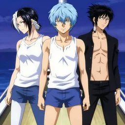 style of madhouse anime, rei hiroe, loish, artgerm, revy from black lagoon, symmetrical eyes and symmetrical face, jean shorts, white tank top, full body, on a boat, smirk on face, evening