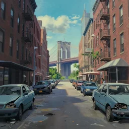 gouache matte painting!!! new york street ground panorama with broken cars, brooklyn bridge in far distance, dramatic daytime, cinematic angle, studio ghibli, makoto shinkai, pixar painting, cinematic lighting, detailed gouache painting, hyperrealistic, 8 k