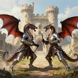 two dragons in a castle fighting knights in the middle ages