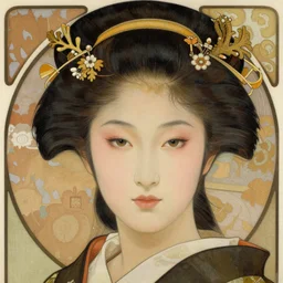 realistic detailed face portrait of a beautiful young geisha by Alphonse Mucha, Greg Hildebrandt, and Mark Brooks, Art Nouveau, spirals, Neo-Gothic, gothic, Art Nouveau