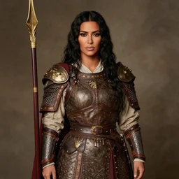 medieval portrait of kim kardashian dressed as a battle monk, in the style of eugene de blaas