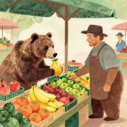 a bear buying fruits in the market where the seller is a bear too by greg rutkowski and thomas kinkade, trending on artstation