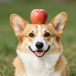 corgi with an apple on its head